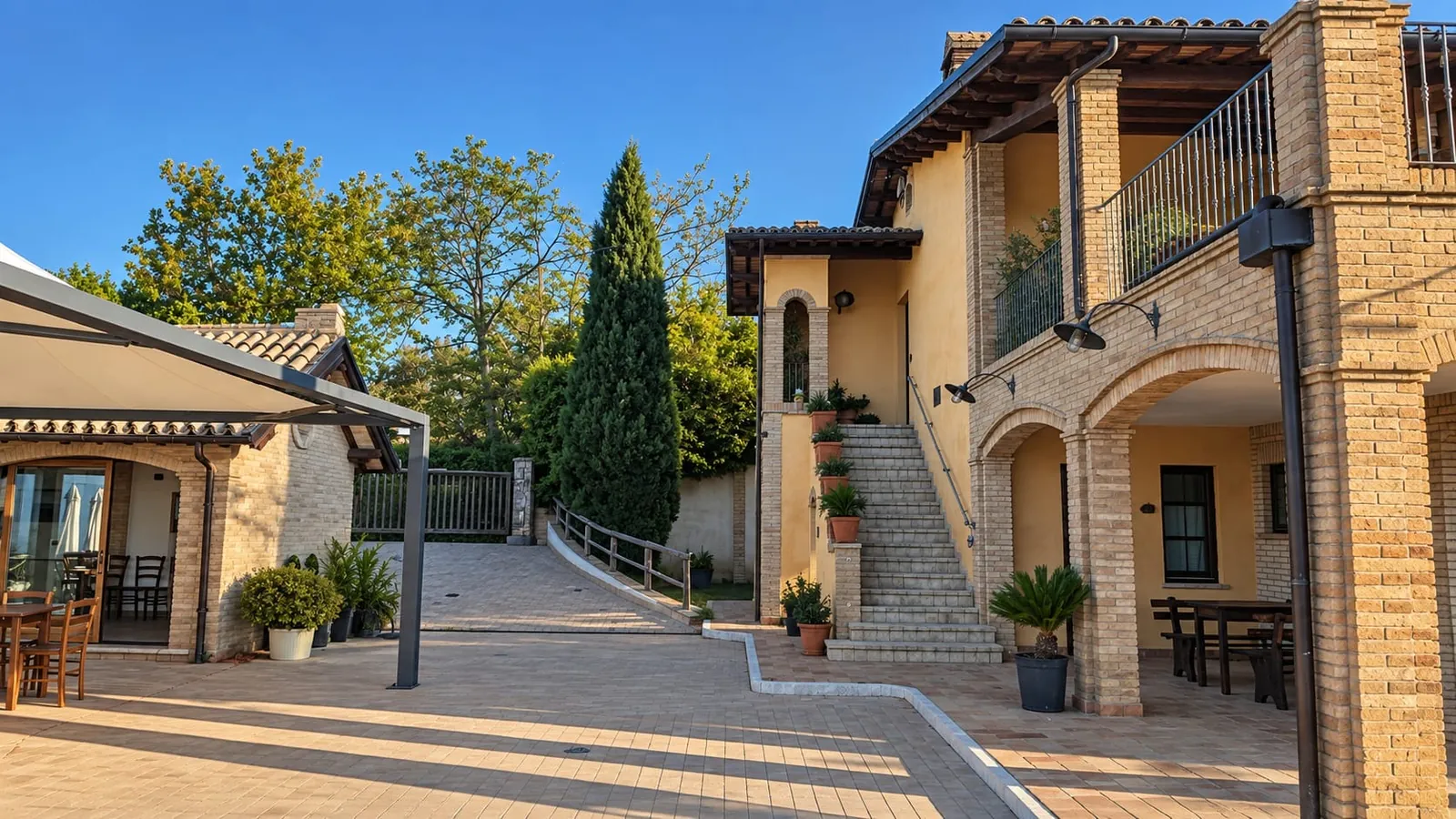 Il cortile della casa con la scala esterna in mattoni, i vasi di fiori sui gradini e il portico ad archi