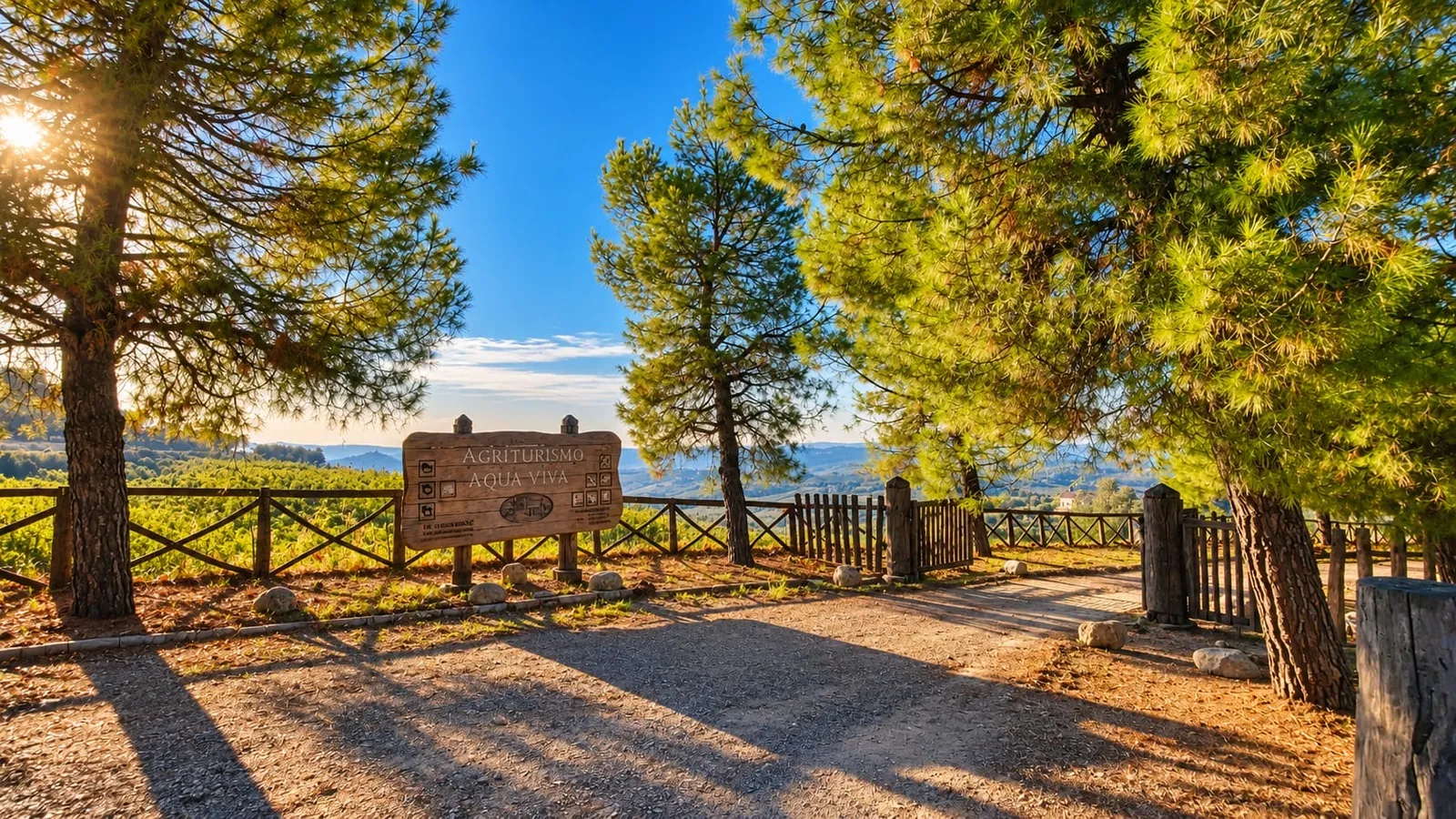 L'ingresso tra i pini, con il cartello in legno dell'agriturismo, la staccionata e le colline