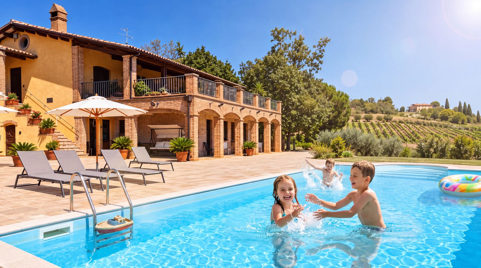 Bambini che giocano in piscina; dietro, la casa con il portico ad archi e le vigne sulle colline